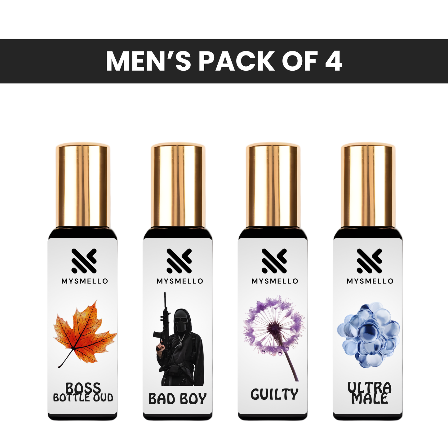 Pack of 4 for men: Mysmello bottled oud, CH bad boy, Mysmello Guilty, Mysmello ultra male