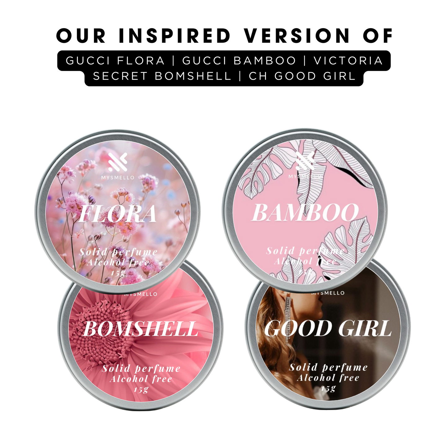 Pack of 4 For Women: Gucci Flora, Gucci Bmaboo, VS Bombshell, Carolina Herrera Good Girl Solid Perfumes