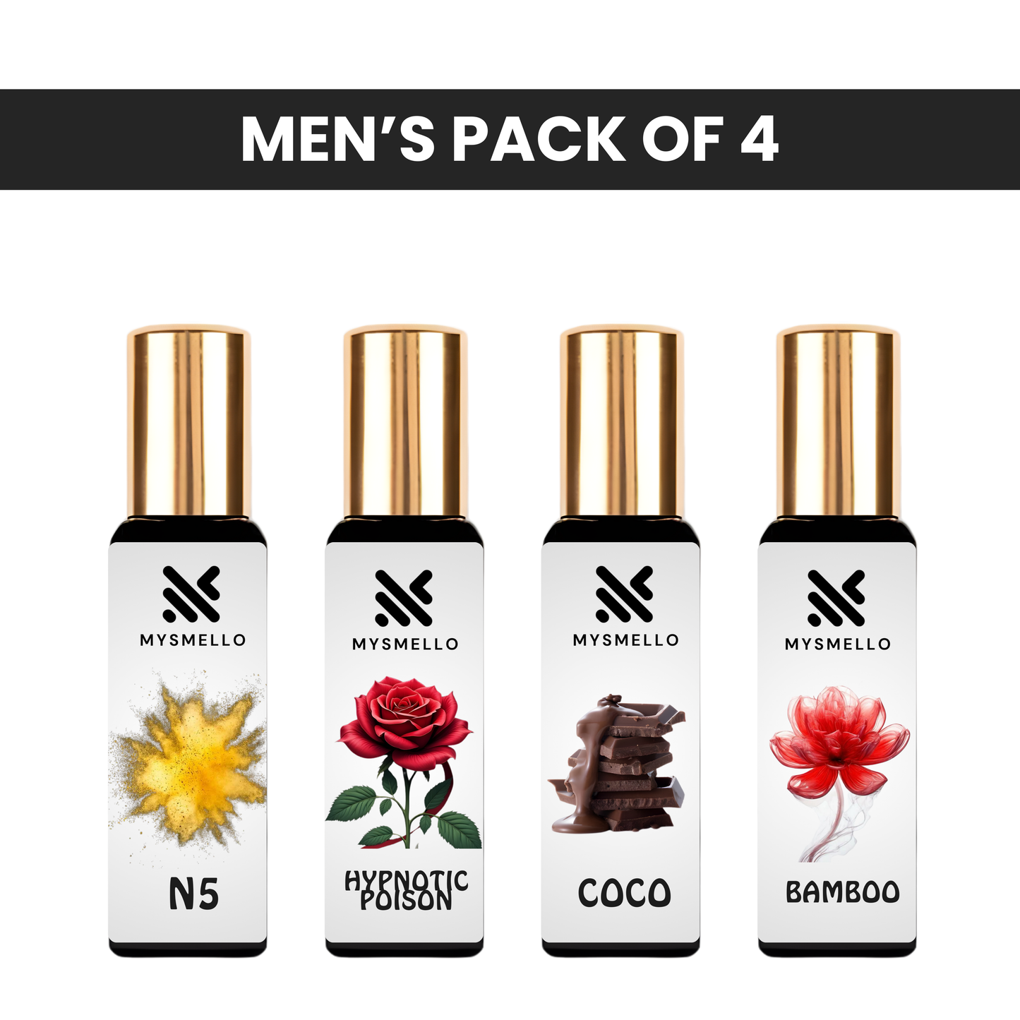Pack of 4 for women: Mysmello hypnotic poison, Mysmelloo N5, Mysmello bamboo, Mysmelloo coco