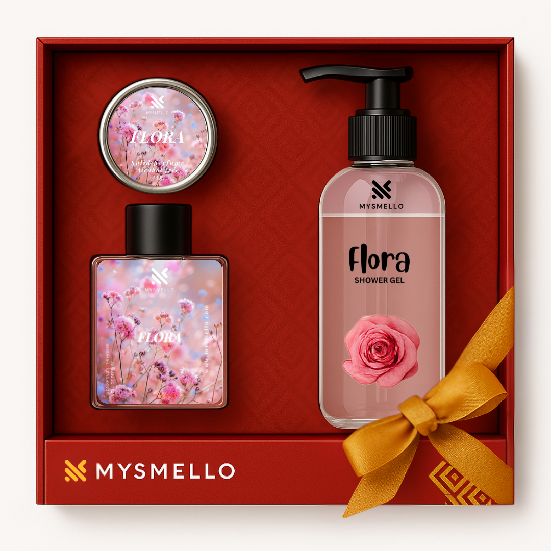 Gift Set of Mysmello Flora : Perfume, Solid Perfume & Showergel