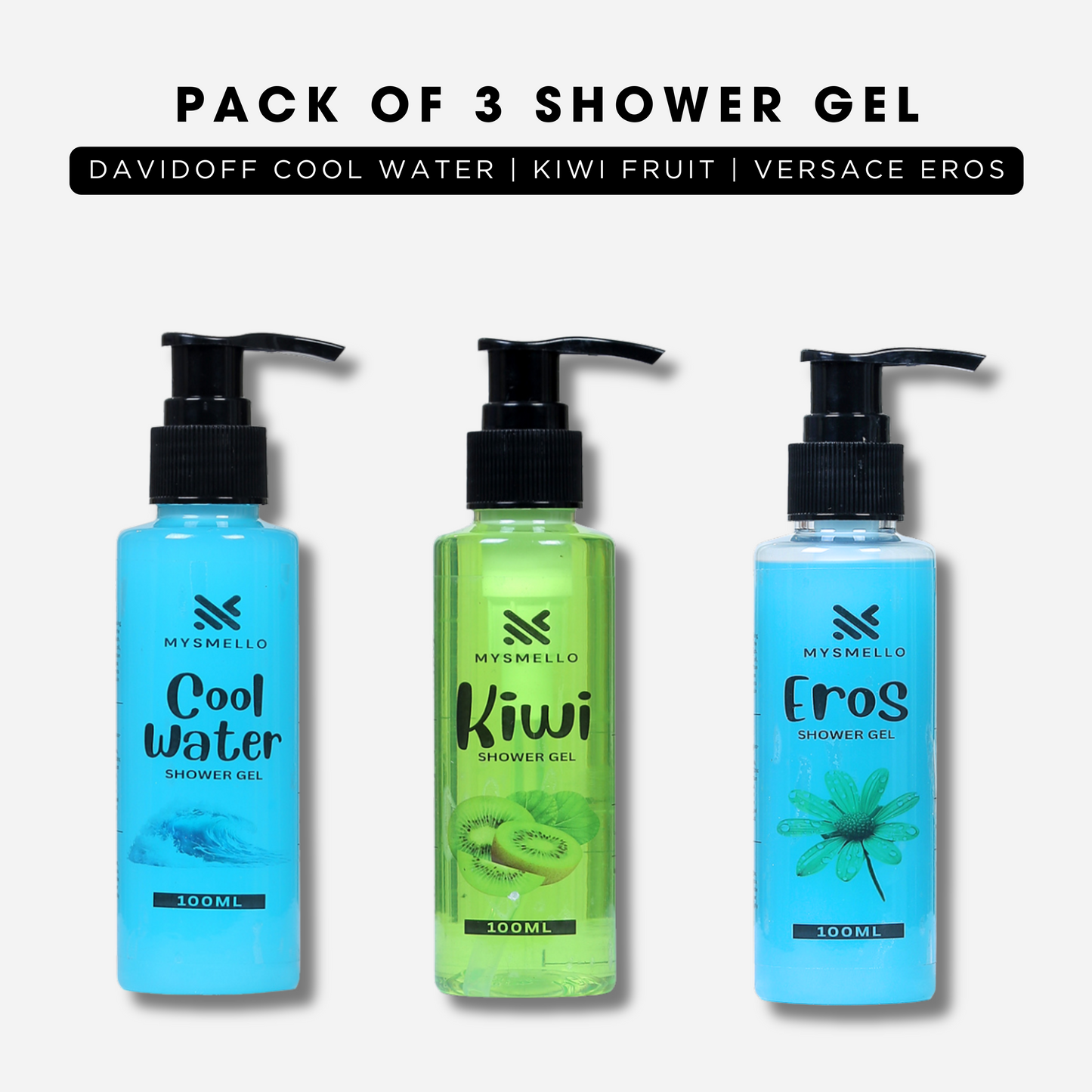 Pack of 3 Shower Gel Mysmello cool water, Kiwi fruit, Mysmello eros up
