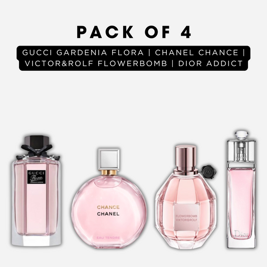 Pack of 4 - Gucci gardenia flora, Chanel chance, Victor&rolf flowerbomb, Dior addict