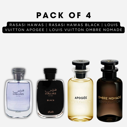 Pack of 4 - Rasasi hawas, Rasasi hawas black, Louis vuitton apogee, Louis vuitton ombre nomade