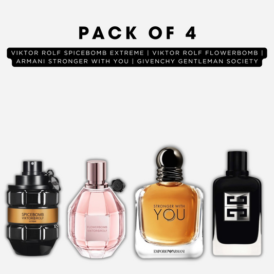 Pack of 4 - Viktor rolf spicebomb extreme, Viktor rolf flowerbomb, Armani stronger with you, Givenchy gentleman society