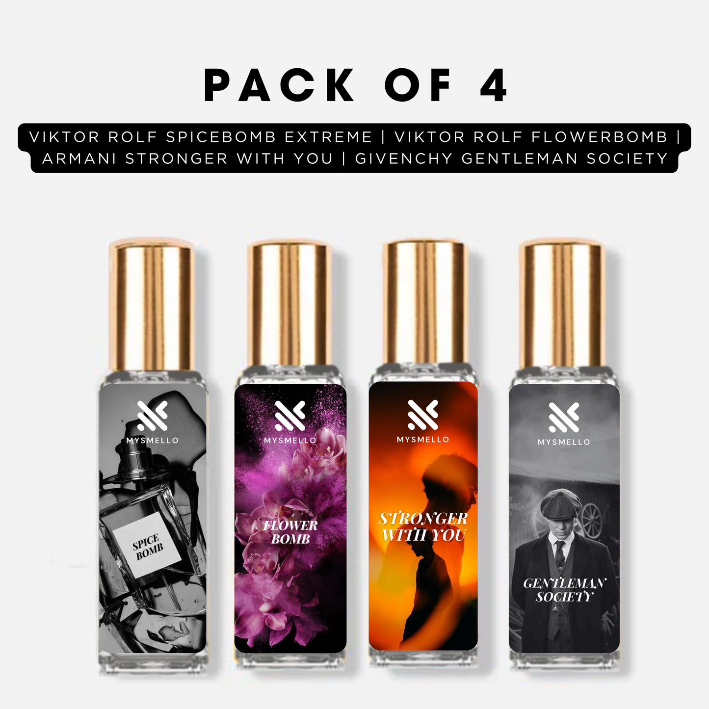 Pack of 4 - Viktor rolf spicebomb extreme, Viktor rolf flowerbomb, Armani stronger with you, Givenchy gentleman society