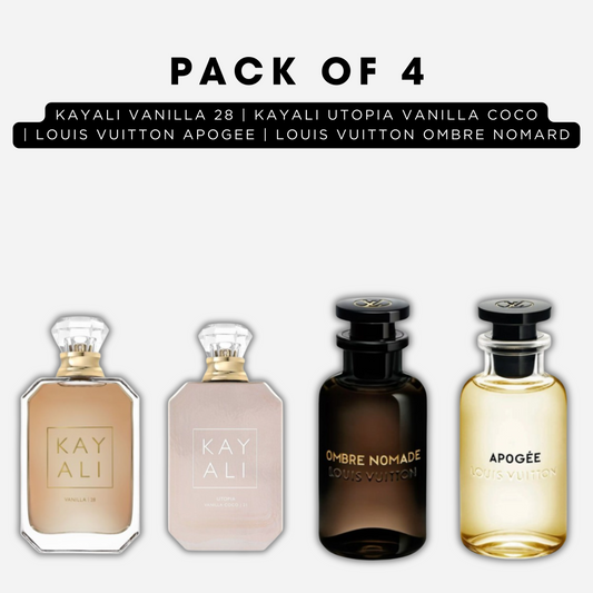 Pack of 4 -kayali vanilla 28, Kayali utopia vanilla coco, Louis vuitton apogee, Louis vuitton ombre nomard