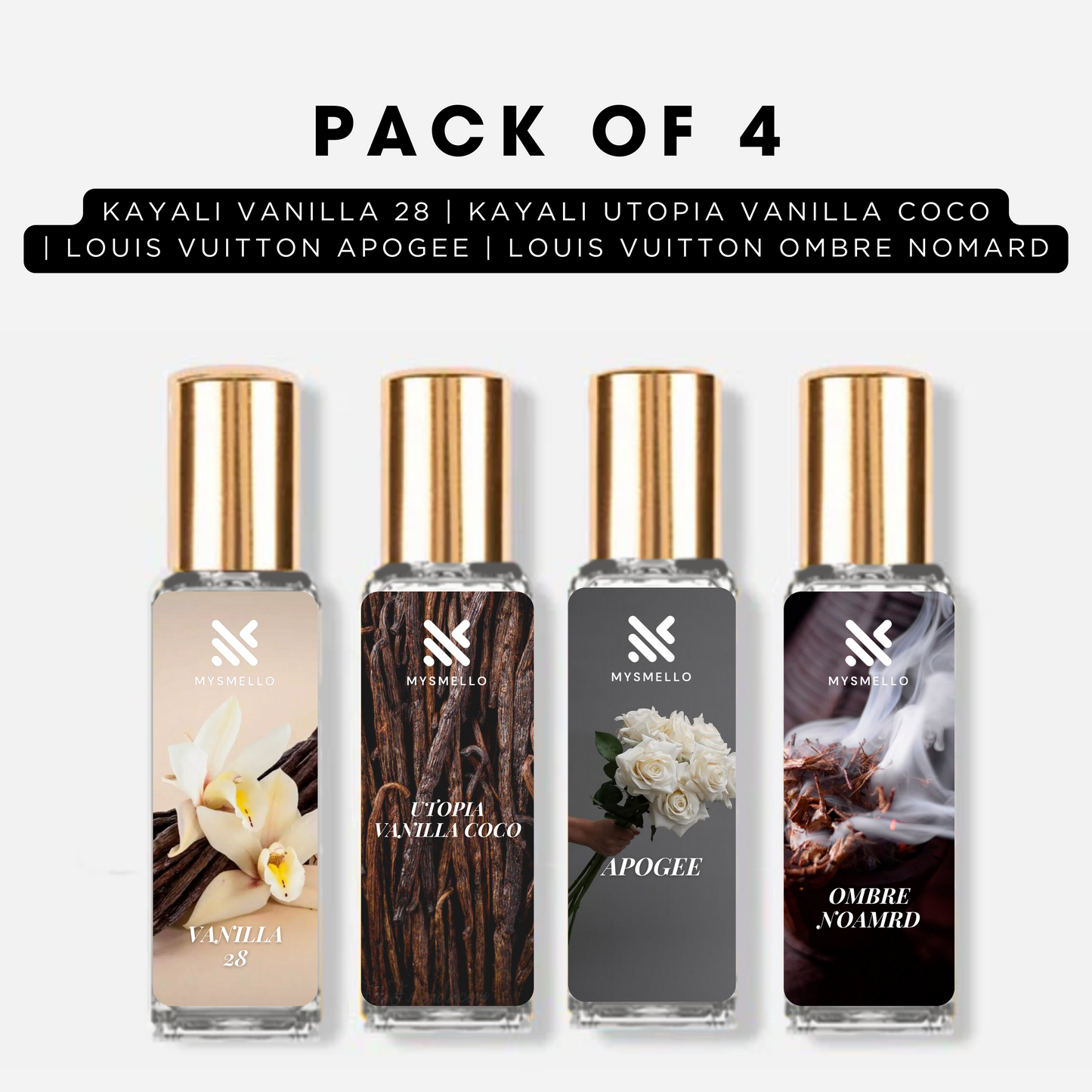 Pack of 4 -kayali vanilla 28, Kayali utopia vanilla coco, Louis vuitton apogee, Louis vuitton ombre nomard