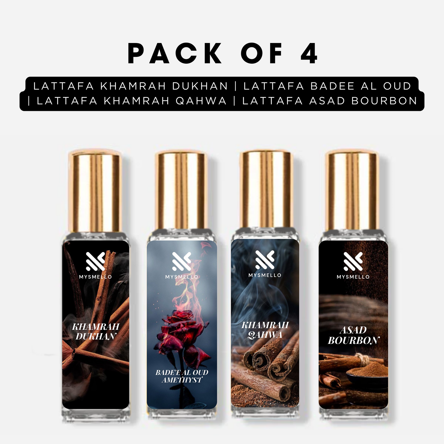 Pack of 4 -Lattafa khamrah dukhan, Lattafa badee al oud, Lattafa khamrah qahwa, Lattafa asad bourbon