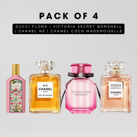 Pack of 4 for women: Gucci flora, channele N5, VS bombshell, channele coco