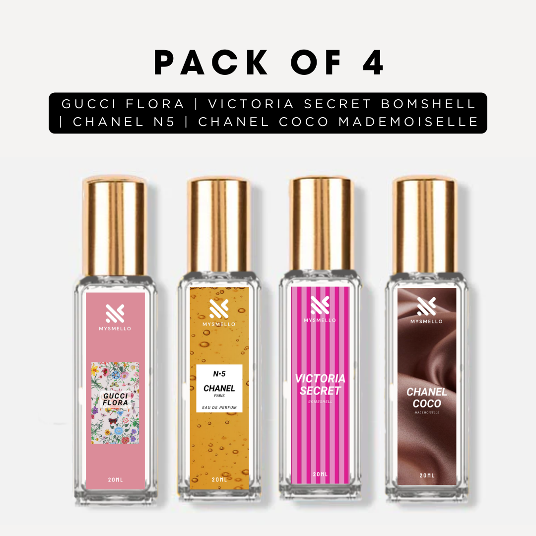 Pack of 4 for women: Gucci flora, channele N5, VS bombshell, channele coco