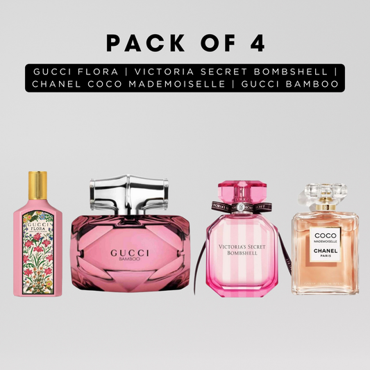 Pack of 4 for women: Gucci flora, VS bombshell, channele coco, Gucci Bamboo