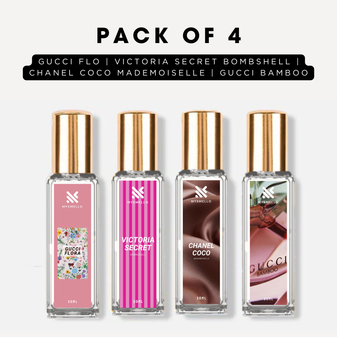 Pack of 4 for women: Gucci flora, VS bombshell, channele coco, Gucci Bamboo