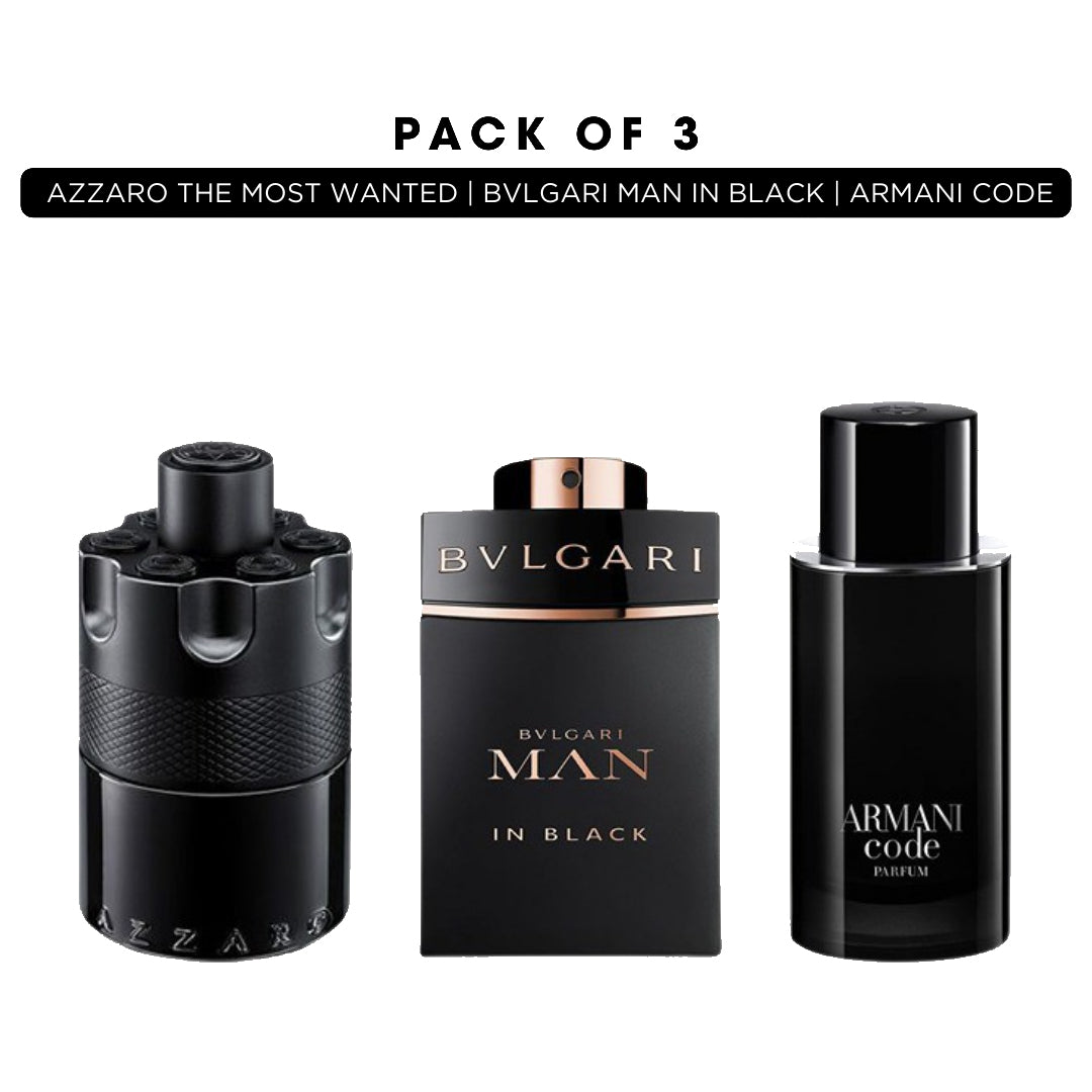 Pack of 3 for men Azzaro the most wanted Bvlgari man in black Armani code