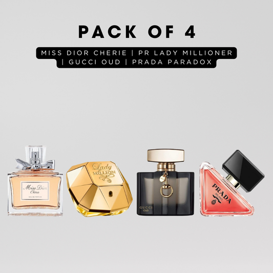 Pack of 4 for women: Miss Diore cherie, PR lady millioner, Gucci oud, Prada paradox