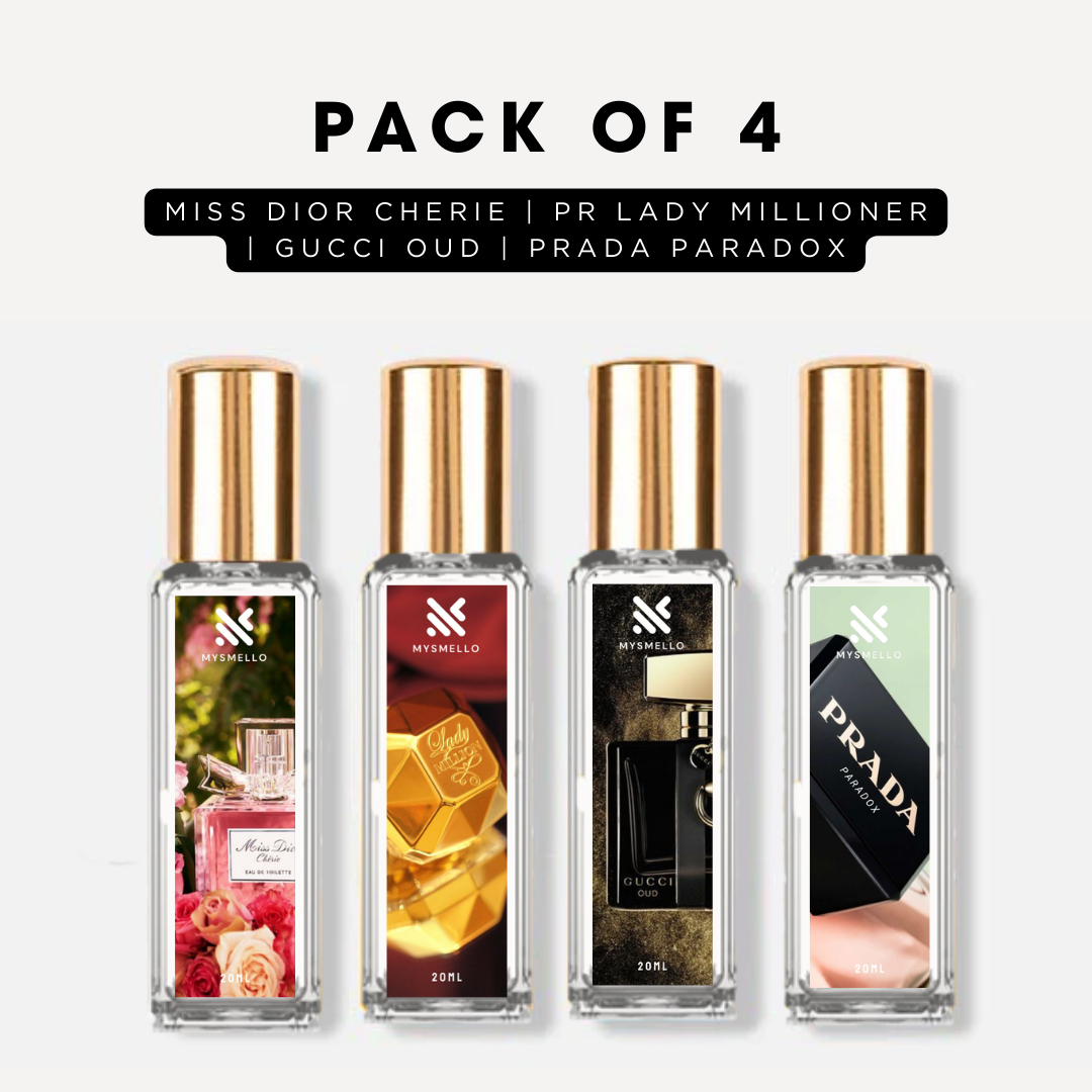 Pack of 4 for women: Miss Diore cherie, PR lady millioner, Gucci oud, Prada paradox