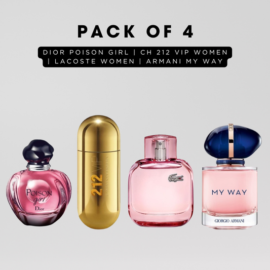 Pack of 4 for women: Diore poison girl, CH 212 vip women, lacoste women, Armani my way