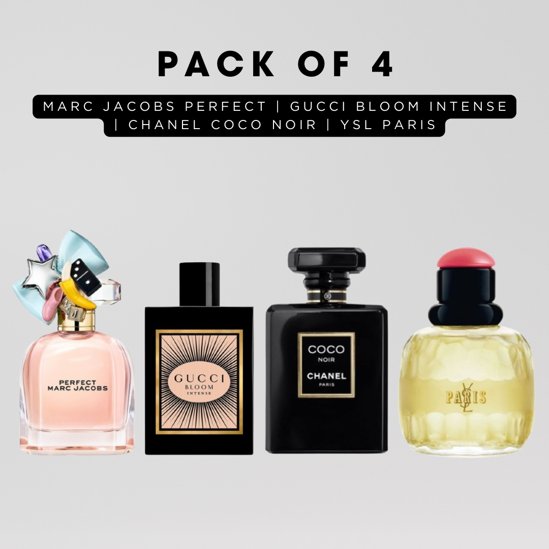 pack of 4 for women: Marc jacobs perfect, Gucci bloom intense, Channel coco nior, YSL paris