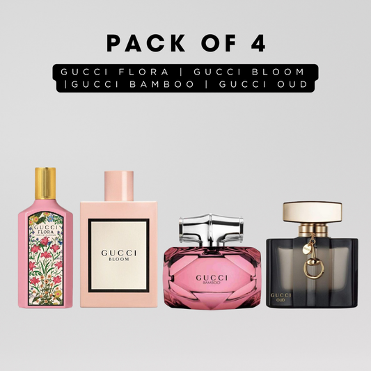 Pack of 4 for women: Gucci flora, Gucci bloom, Gucci Bamboo, Gucci Oud