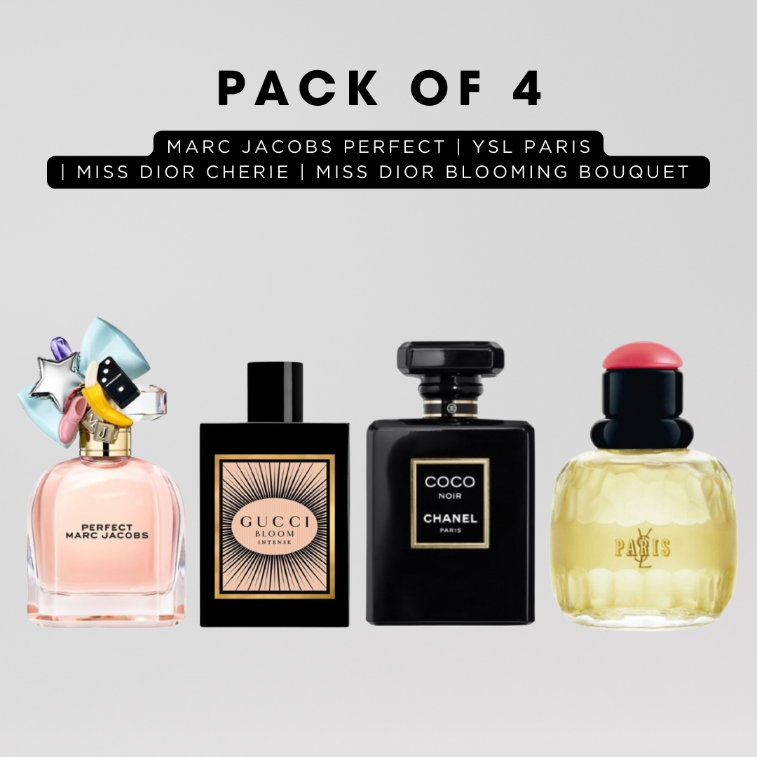 Pack of 4 for women: Marc jacobs perfect, YSL paris, Miss Diore cherie, Miss Diore blooming bouquet