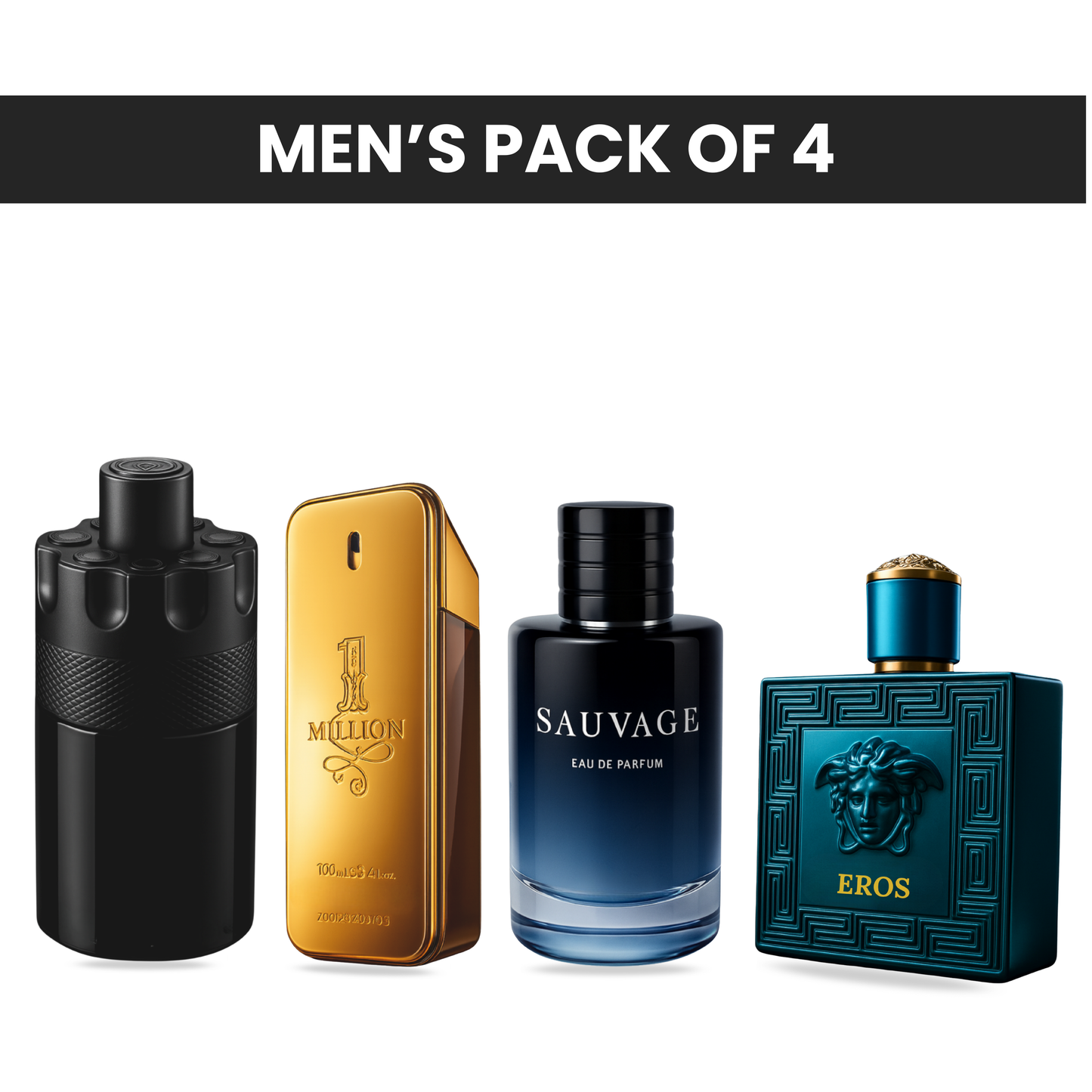 Pack of 4 for men: Azaro the most wanted, PR one million, Diore suvage, Versace eros