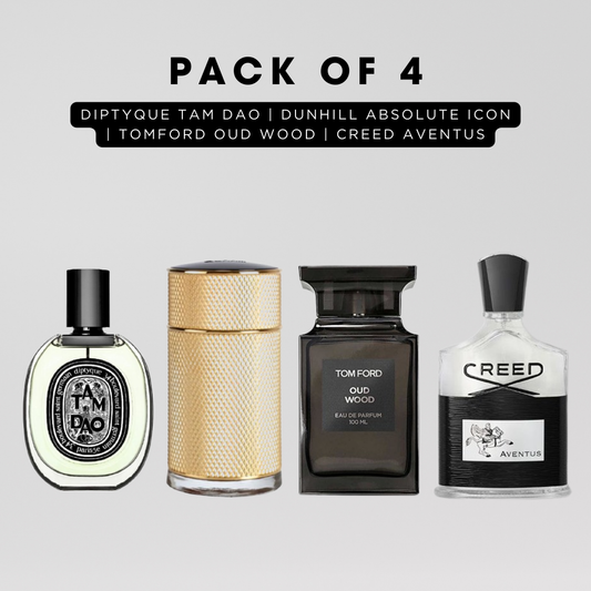 Pack of 4 for men: Diptyque tam dao, Dunhill absolute icon, Tomford oud wood, Creed aventus