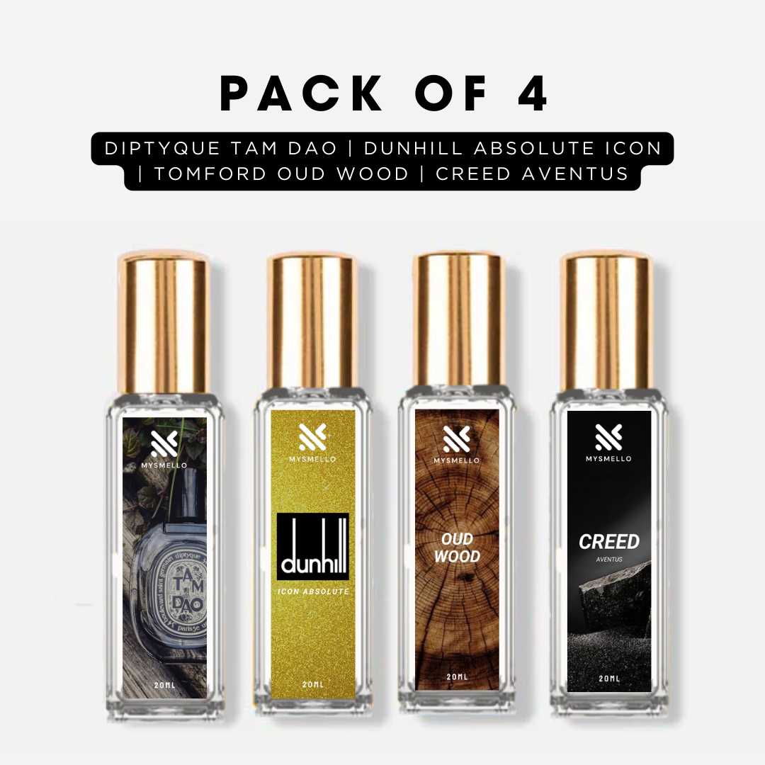 Pack of 4 for men: Diptyque tam dao, Dunhill absolute icon, Tomford oud wood, Creed aventus