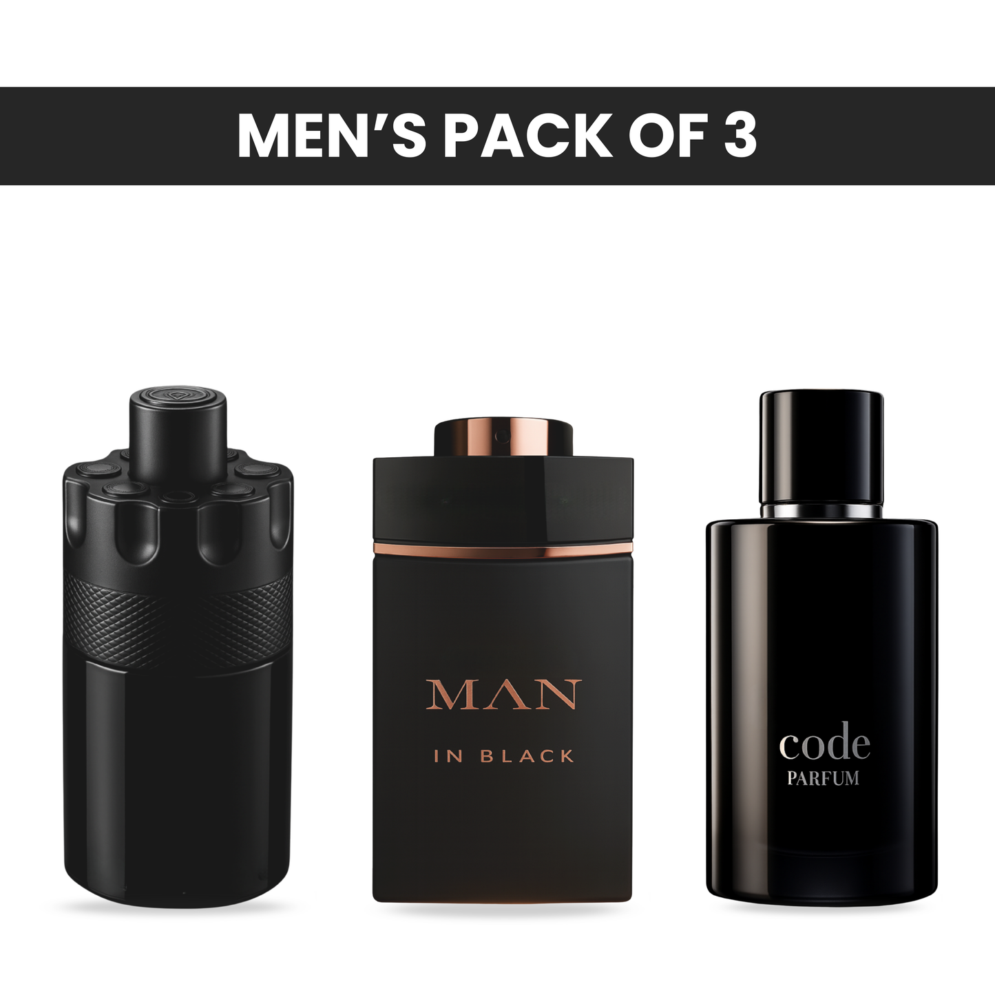 Pack of 3 for men: Azzaro the most wanted, Bvlgari man in black, Armani code