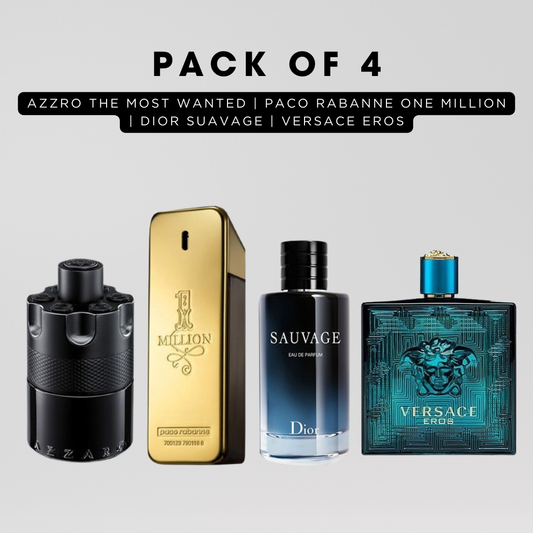 Pack of 4 for men: Azaro the most wanted, PR one million, Diore suvage, Versace eros