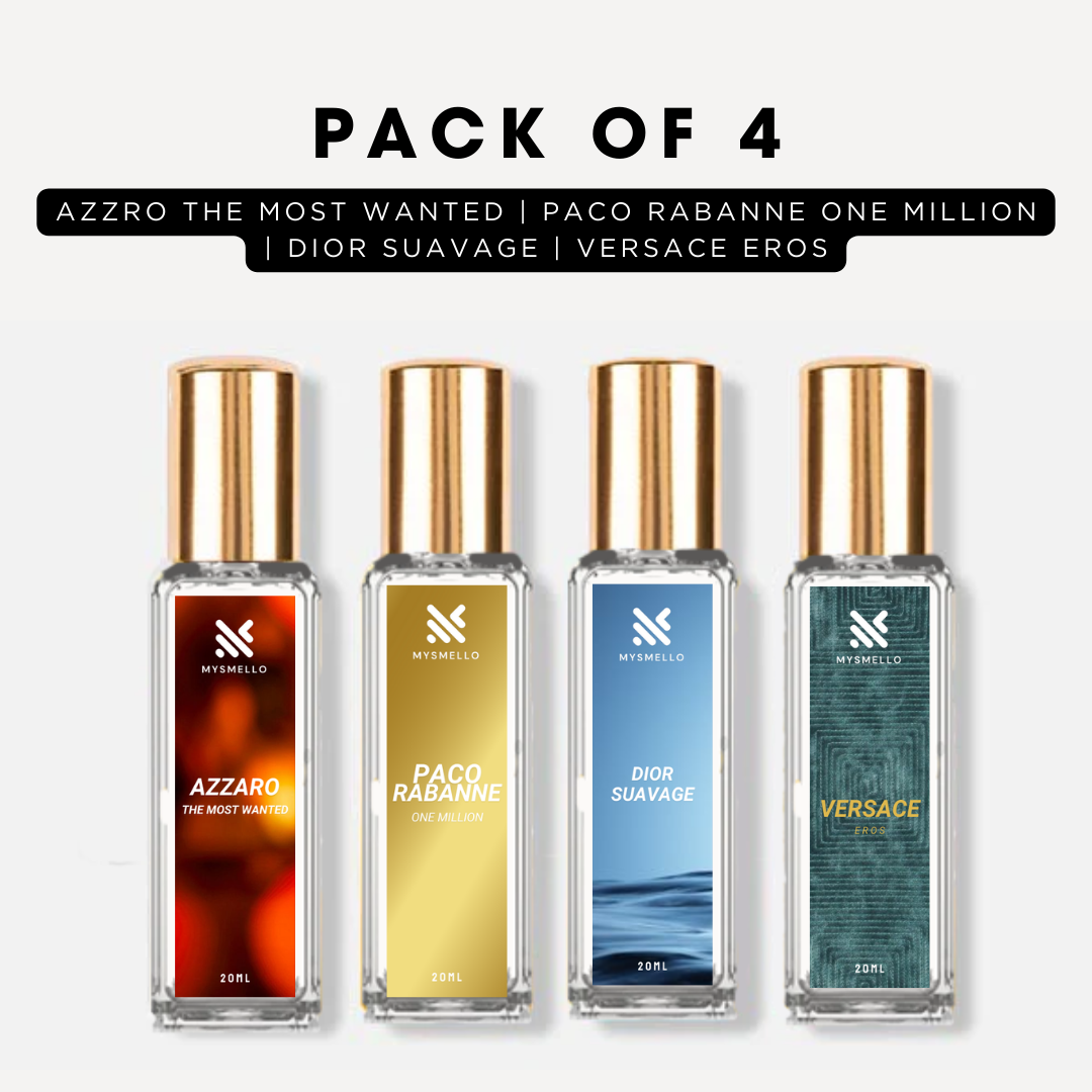 Pack of 4 for men: Azaro the most wanted, PR one million, Diore suvage, Versace eros