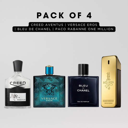 Pack of 4 for men: Creed aventus, Versace eros, Bleu de channel, PR one million