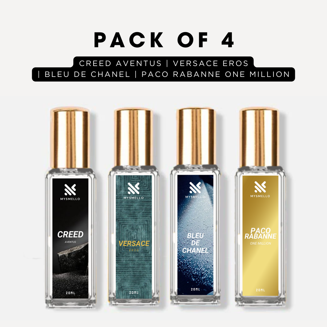 Pack of 4 for men: Creed aventus, Versace eros, Bleu de channel, PR one million