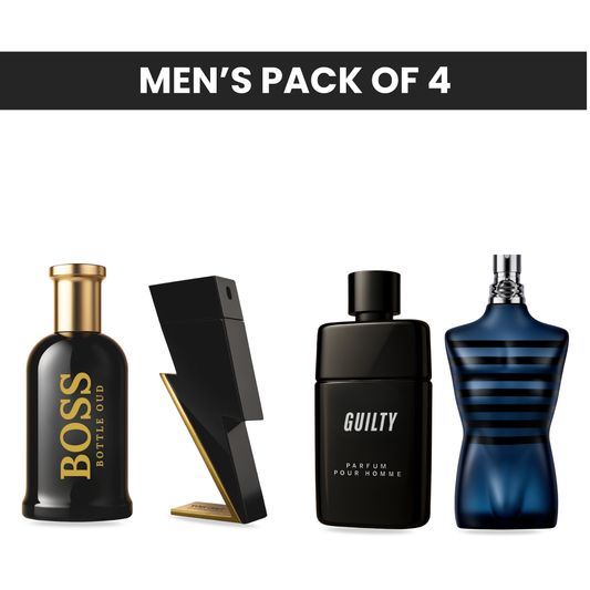 Pack of 4 for men: Hugo boss bottled oud, CH bad boy, Gucci Guilty, JPG ultra male