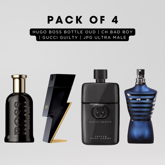 Pack of 4 for men: Hugo boss bottled oud, CH bad boy, Gucci Guilty, JPG ultra male