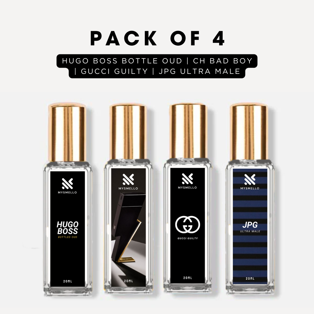 Pack of 4 for men: Hugo boss bottled oud, CH bad boy, Gucci Guilty, JPG ultra male