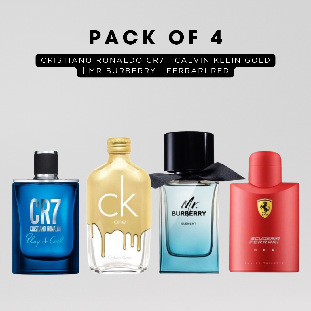 Pack of 4 for men: Cristiano ronaldo CR7, Calvin klein gold, Mr Burberry, Ferrari red