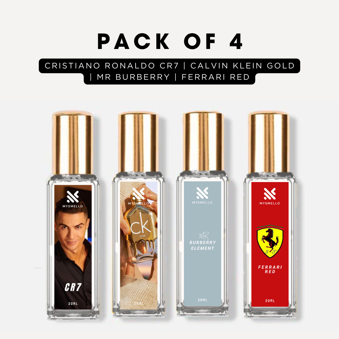 Pack of 4 for men: Cristiano ronaldo CR7, Calvin klein gold, Mr Burberry, Ferrari red