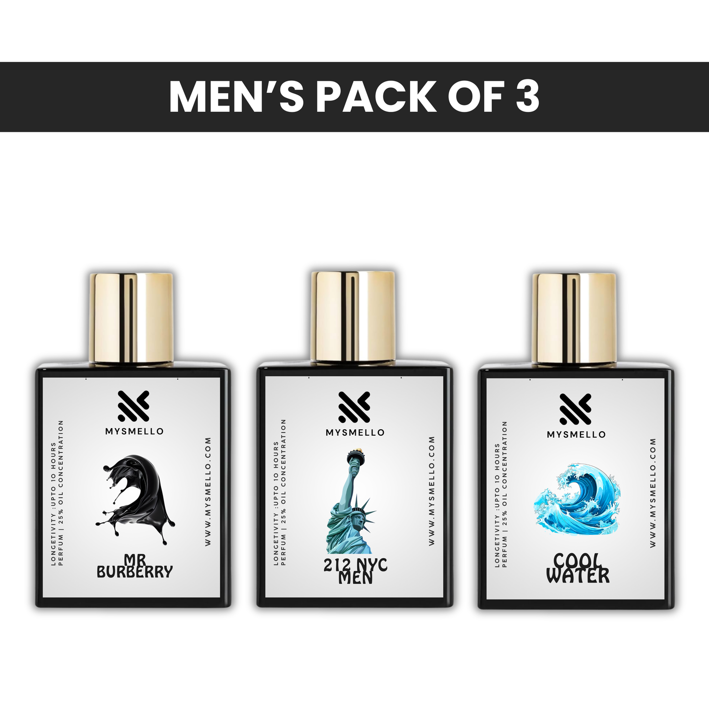Pack of 3: Mr burberry element, CH 212 vip men, Mysmello cool water
