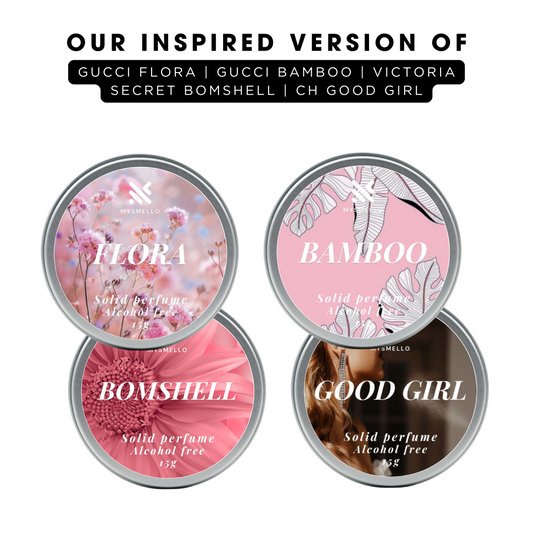 Pack of 4 For Women: Gucci Flora, Gucci Bmaboo, VS Bombshell, Carolina Herrera Good Girl Solid Perfumes