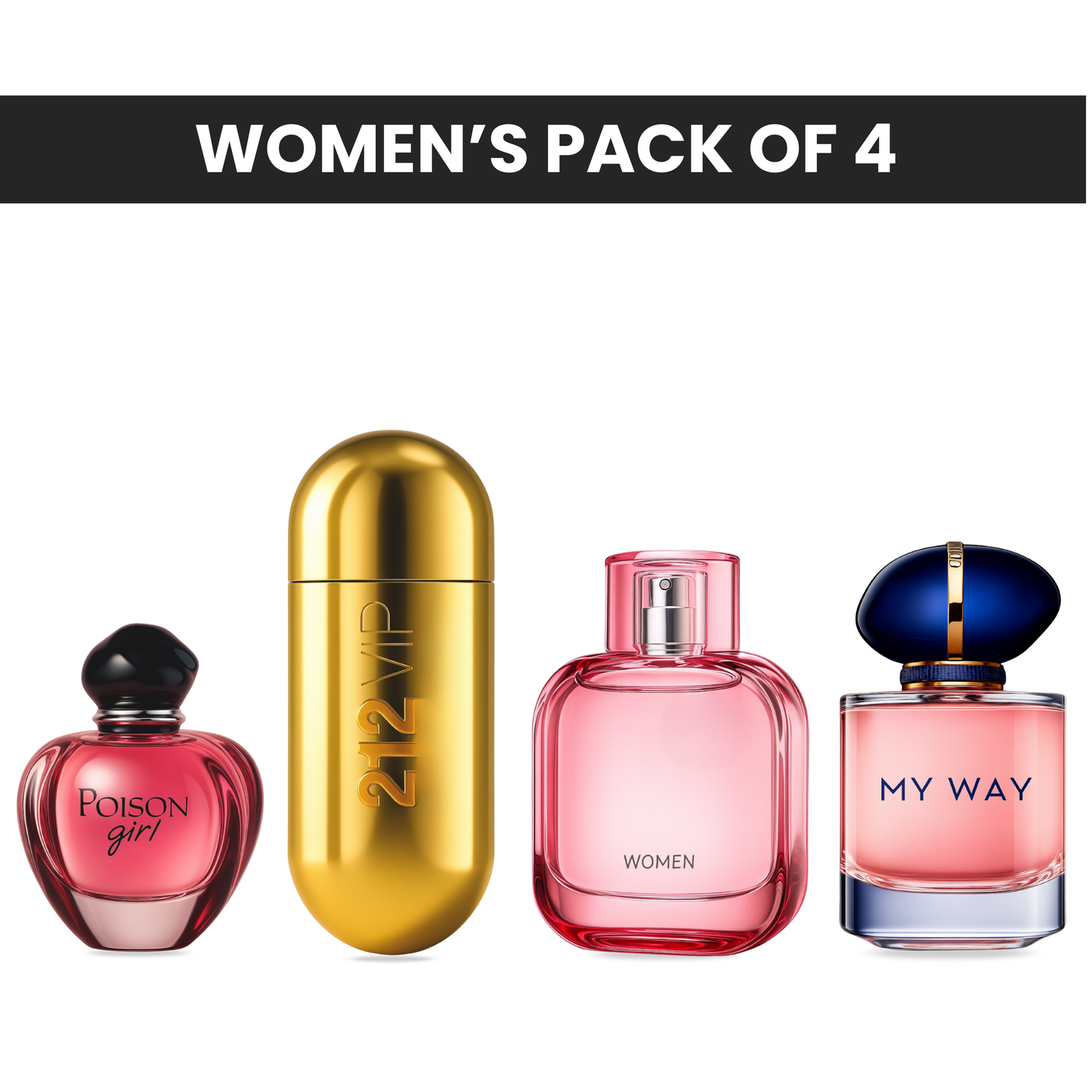 Pack of 4 for women: Mysmello poison girl, CH 212 vip women, lacoste women, Mysmello my way