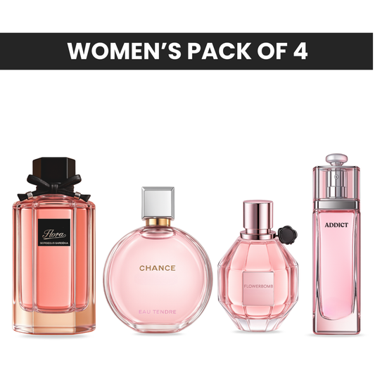 Pack of 4 - Gucci gardenia flora, Chanel chance, Victor&rolf flowerbomb, Dior addict