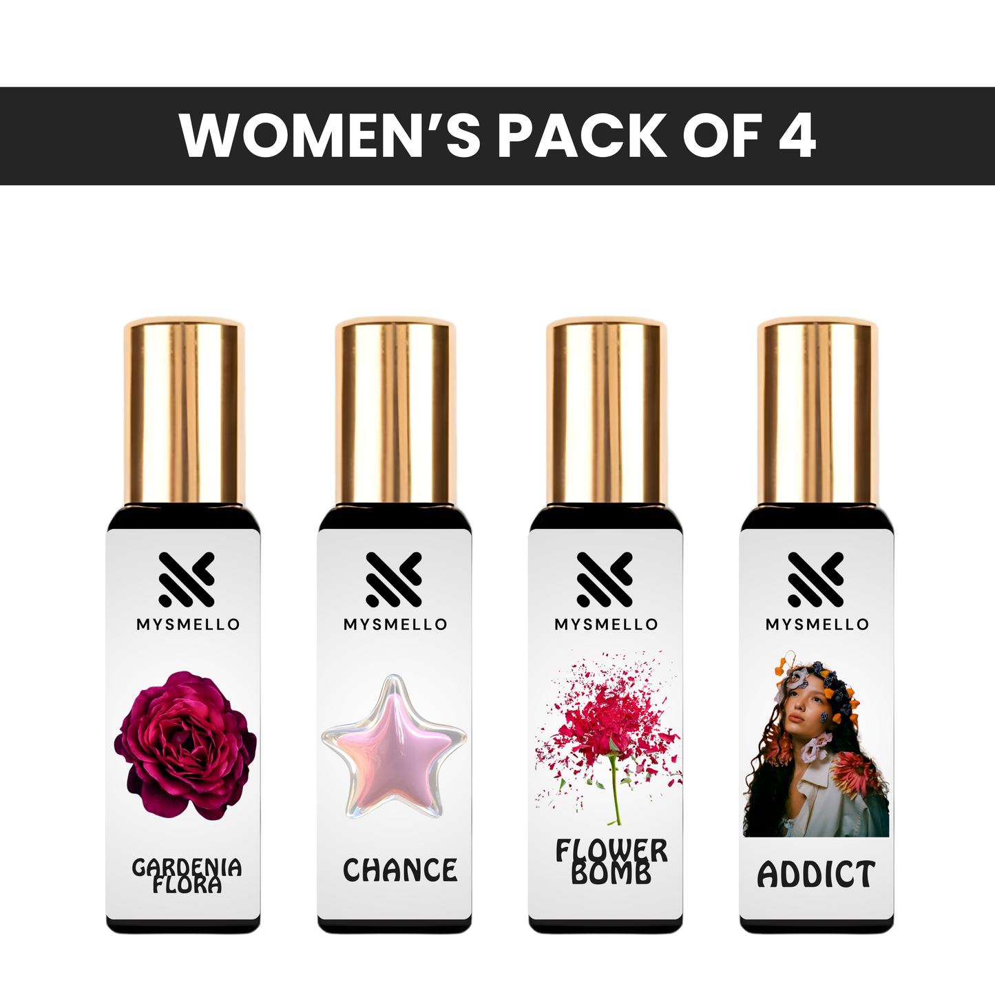 Pack of 4 - Gucci gardenia flora, Chanel chance, Victor&rolf flowerbomb, Dior addict