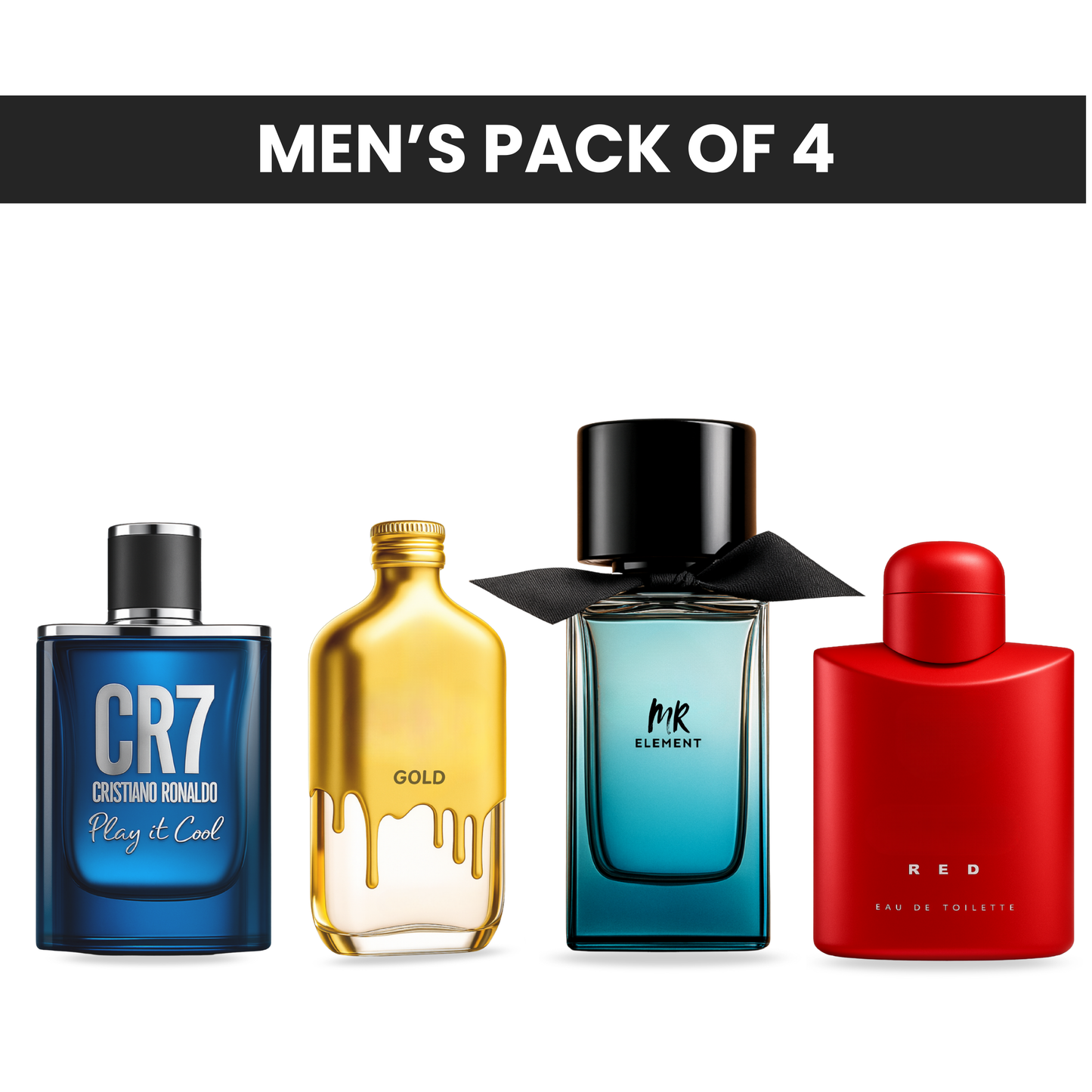 Pack of 4 for men: Cristiano ronaldo CR7, Calvin klein gold, Mr Burberry, Ferrari red