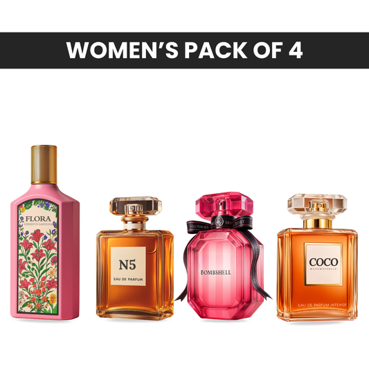 Pack of 4 for women: Gucci flora, channele N5, VS bombshell, channele coco