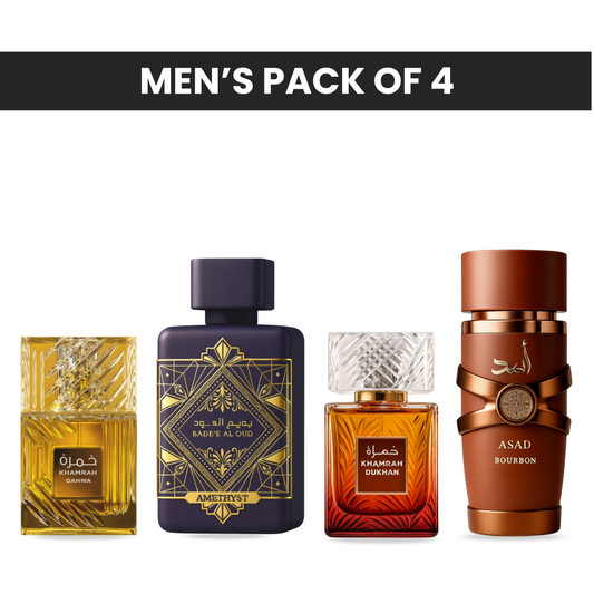 Pack of 4 -Lattafa khamrah dukhan, Lattafa badee al oud, Lattafa khamrah qahwa, Lattafa asad bourbon