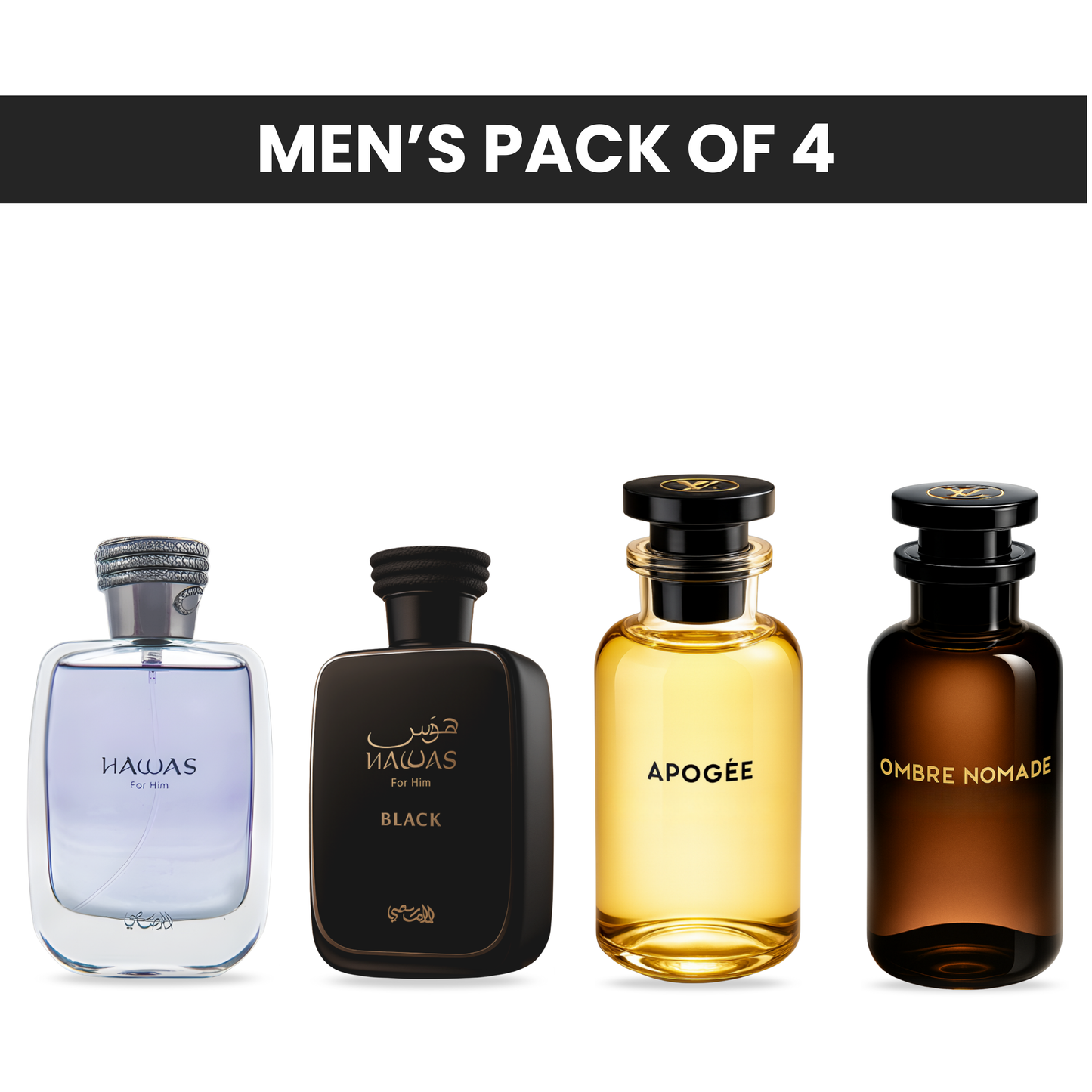 Pack of 4 - Rasasi hawas, Rasasi hawas black, Louis vuitton apogee, Louis vuitton ombre nomade