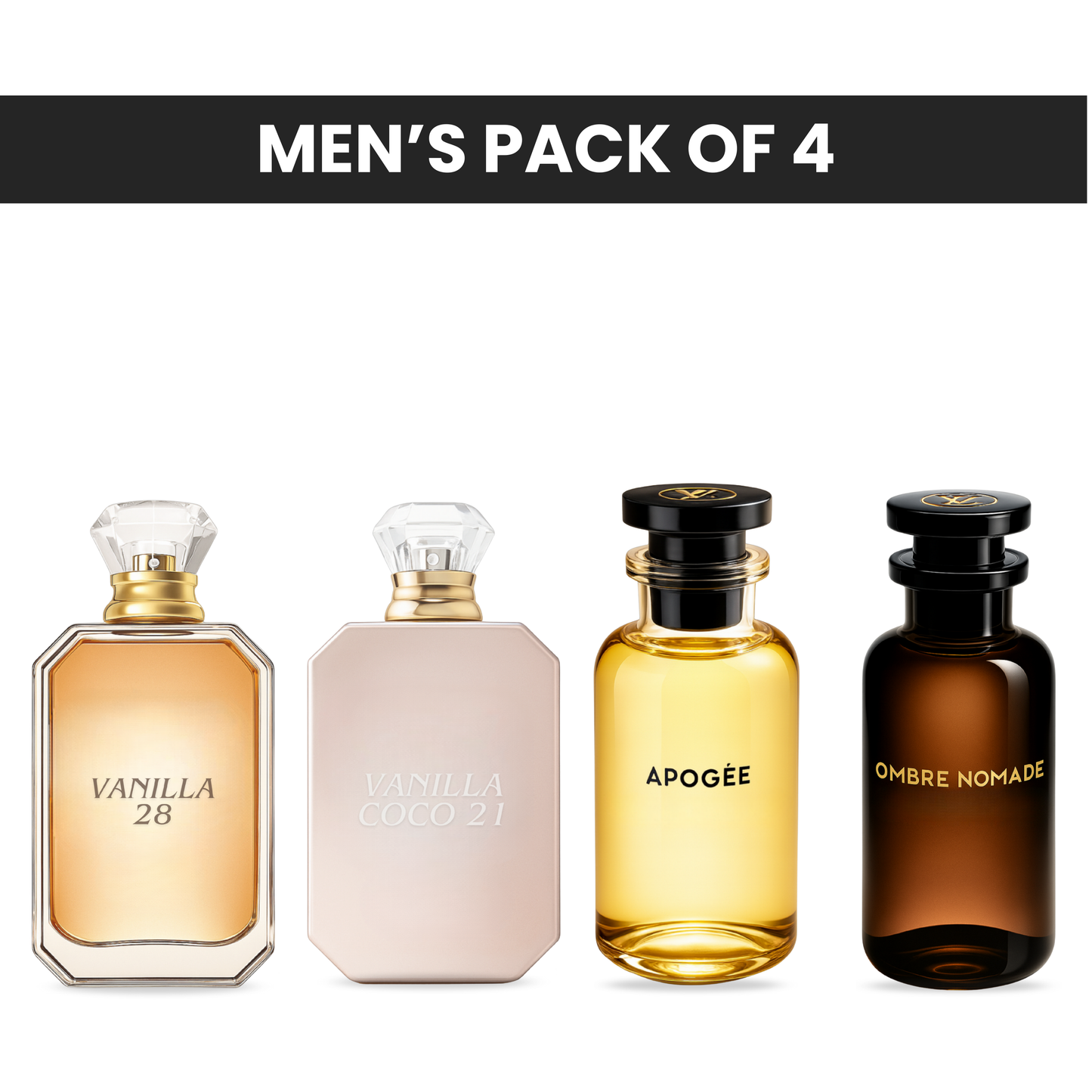 Pack of 4 -kayali vanilla 28, Kayali utopia vanilla coco, Louis vuitton apogee, Louis vuitton ombre nomard