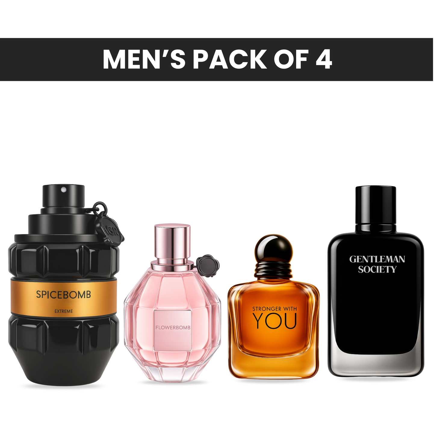 Pack of 4 - Viktor rolf spicebomb extreme, Viktor rolf flowerbomb, Armani stronger with you, Givenchy gentleman society