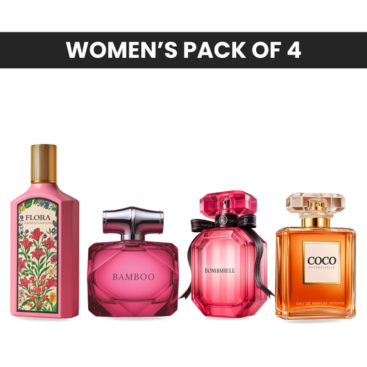 Pack of 4 for women: Gucci flora, VS bombshell, channele coco, Gucci Bamboo