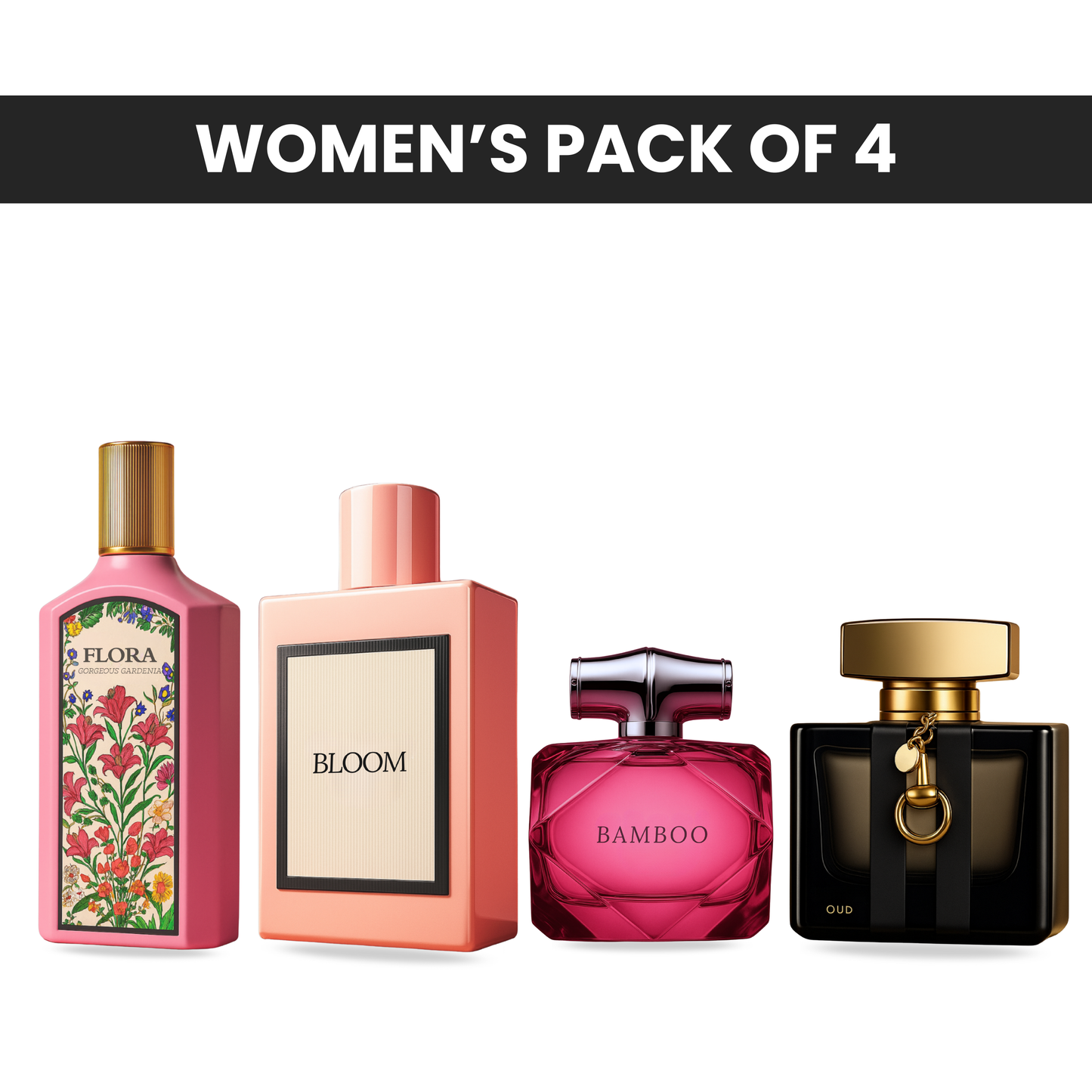 Pack of 4 for women: Gucci flora, Gucci bloom, Gucci Bamboo, Gucci Oud