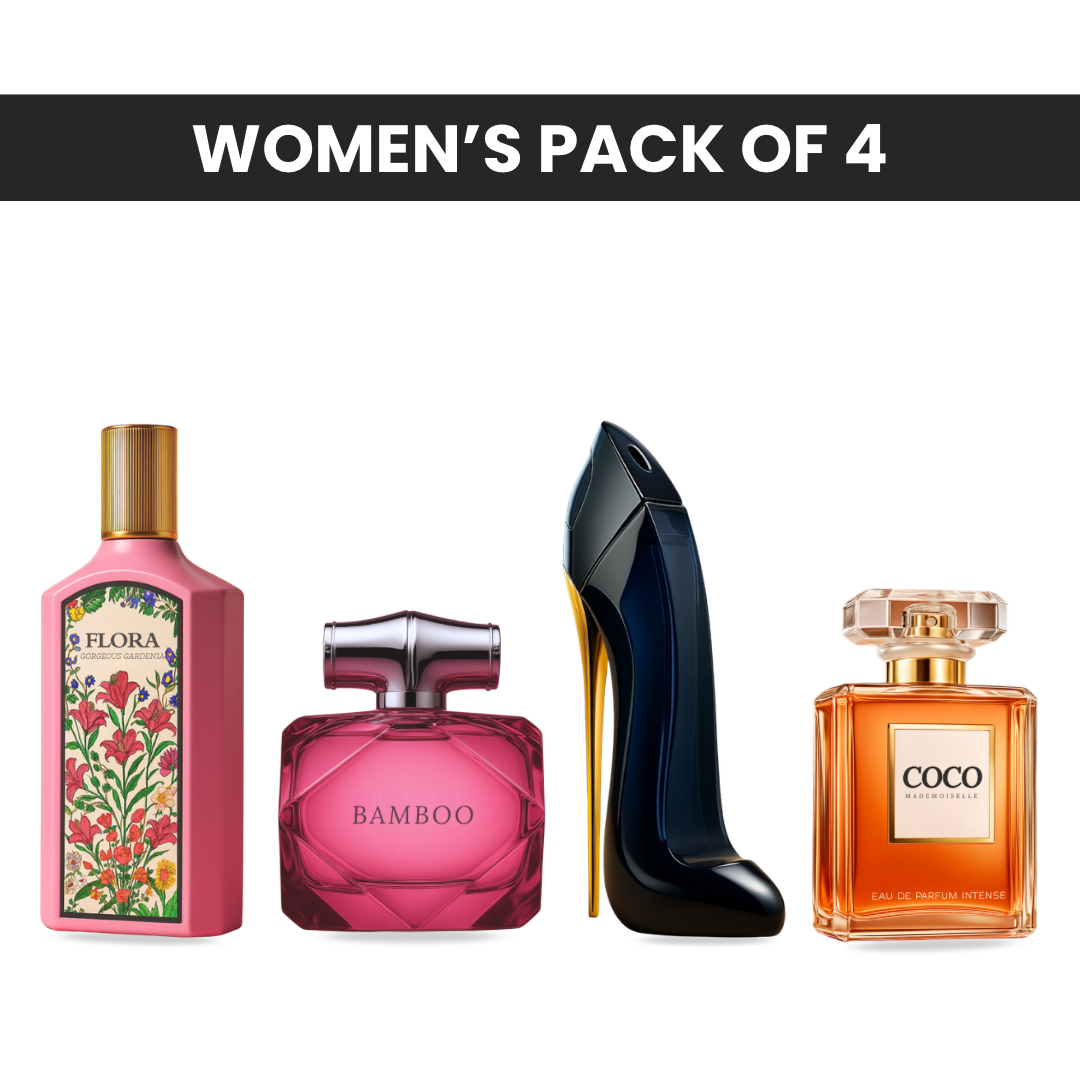 Pack of 4 for women: Gucci flora, CH good girl, Channel coco, Gucci Bamboo